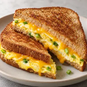 Close view of the egg and melted cheddar filling in a one-pan egg sandwich