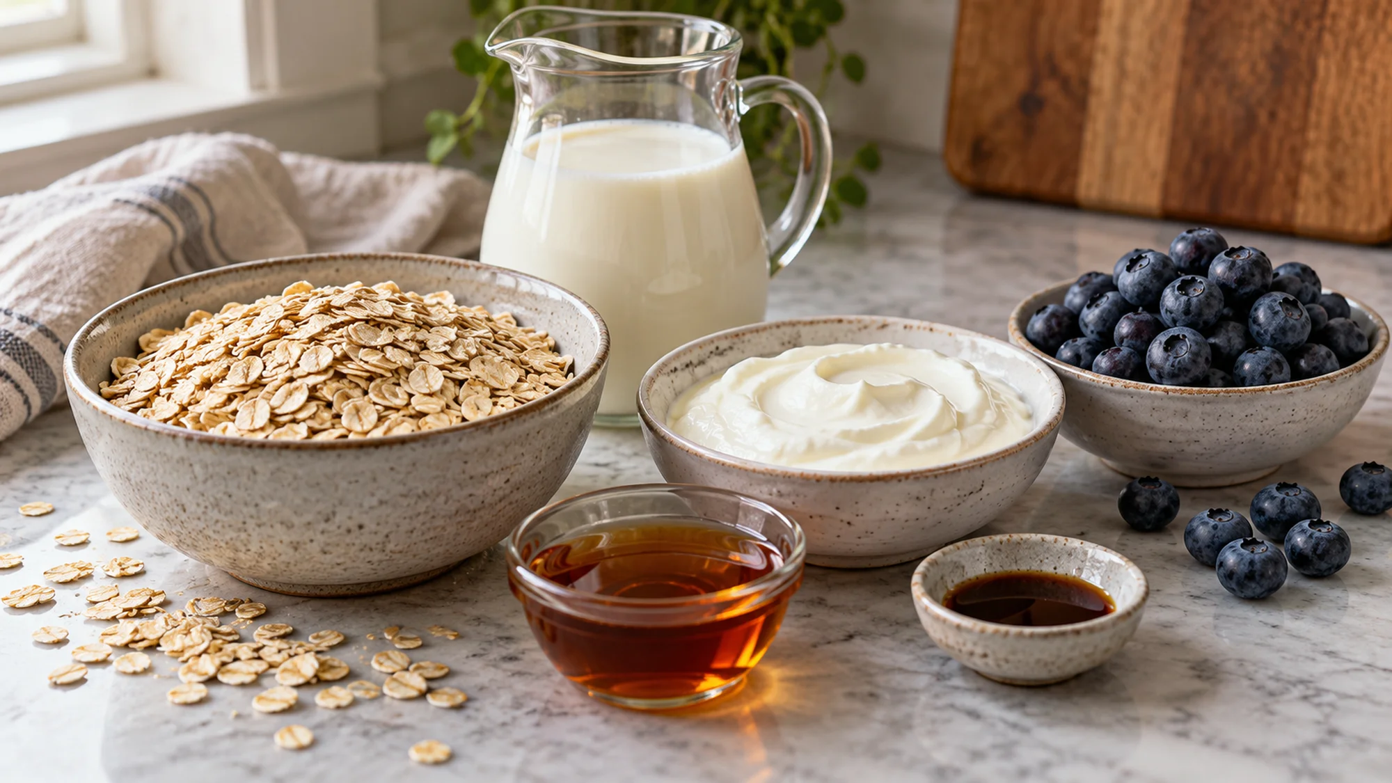 Oats, milk, yogurt and blueberries for the overnight oats recipe