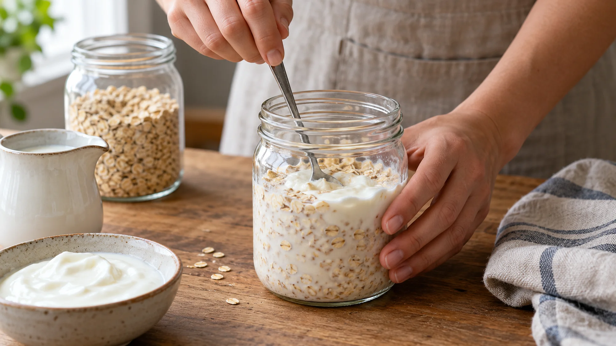 Stirring the overnight oats recipe before refrigerating