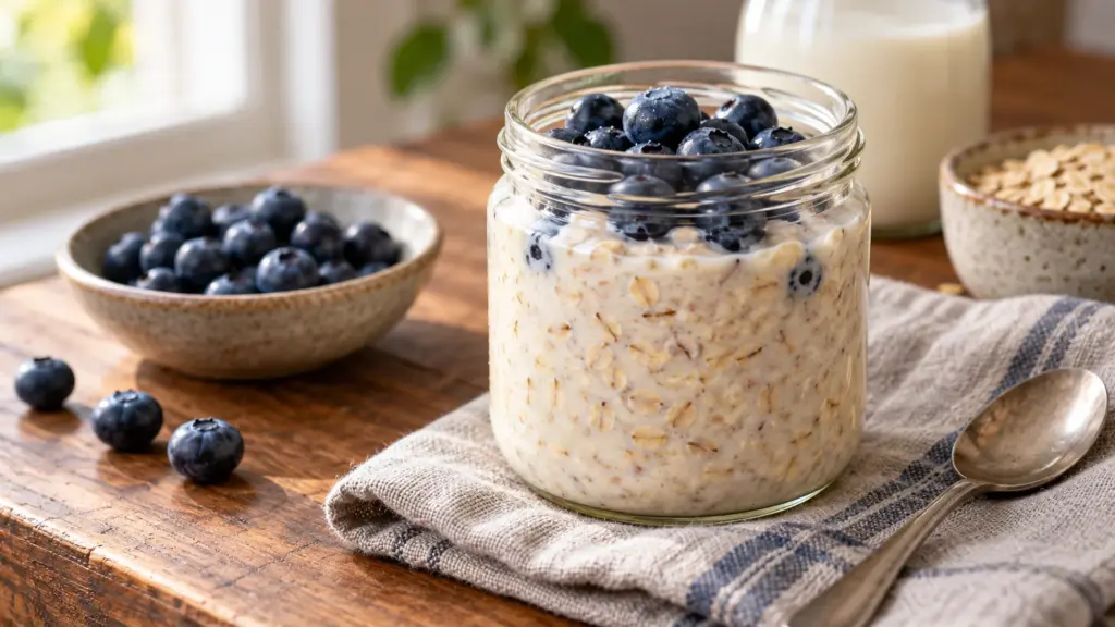 A blueberry-topped jar of this overnight oats recipe