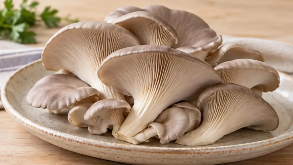 Cultivated oyster fungus with pale fan-shaped caps on a platter