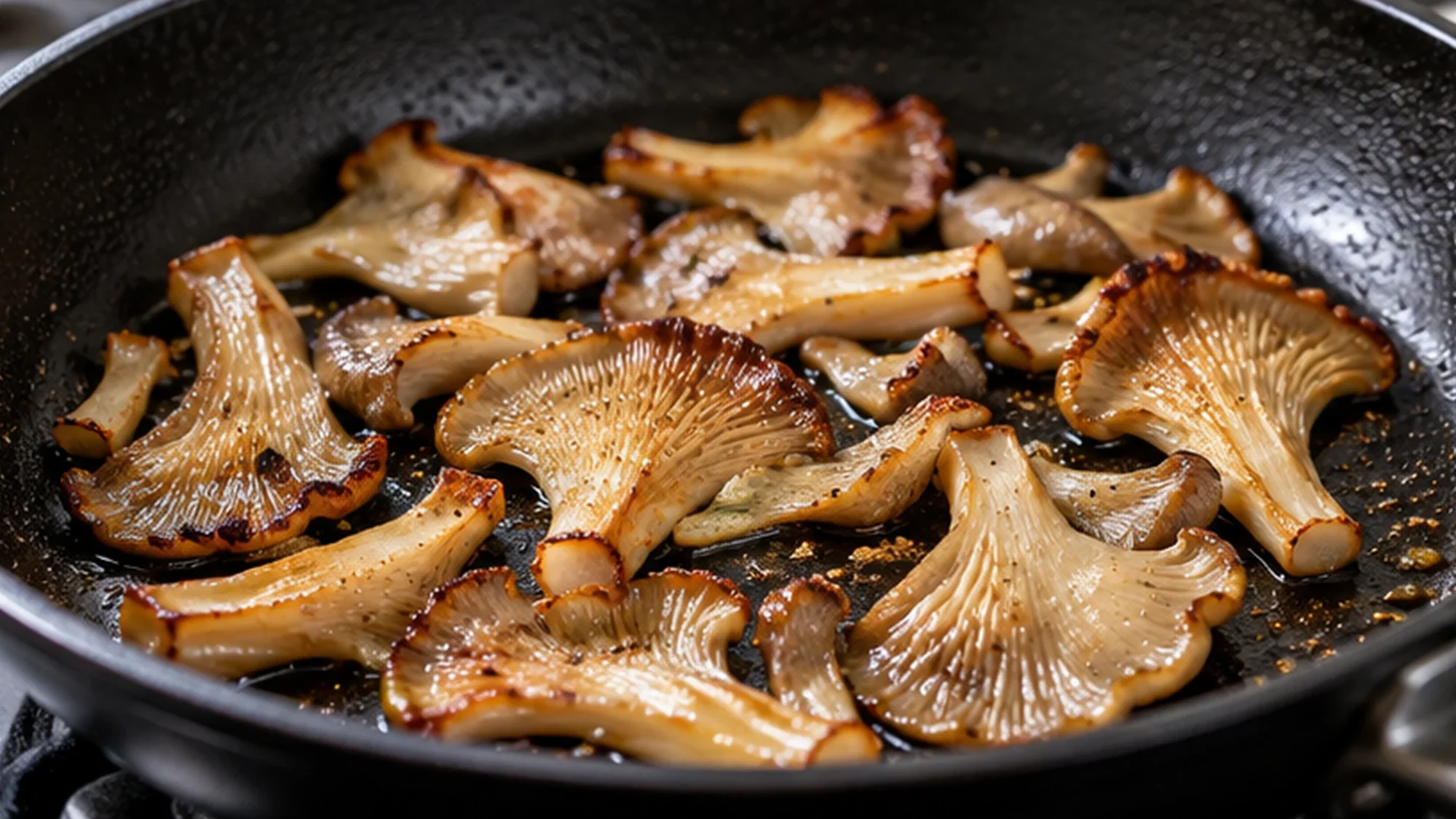 Oyster fungus browning in a wide frying pan