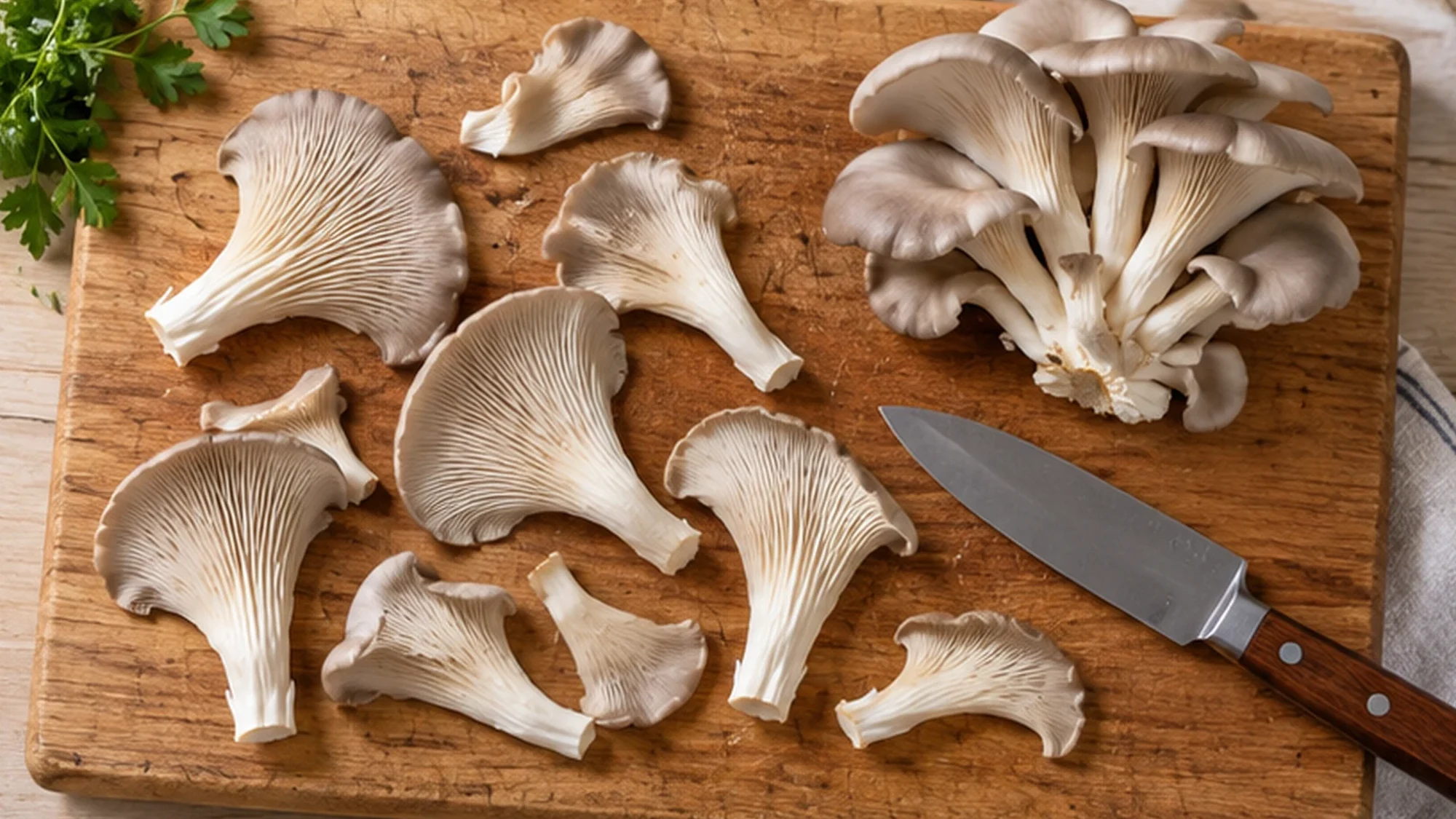 Separated oyster mushroom caps on a wooden cutting board
