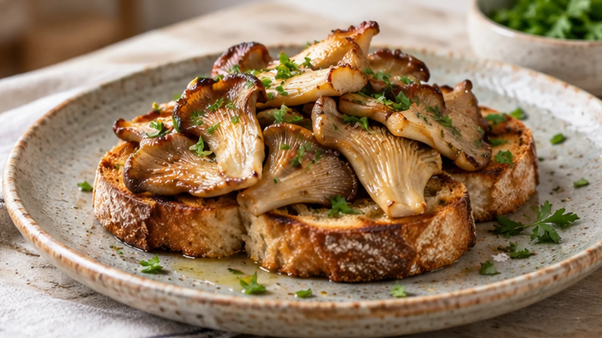 Cooked oyster mushrooms with parsley over toast