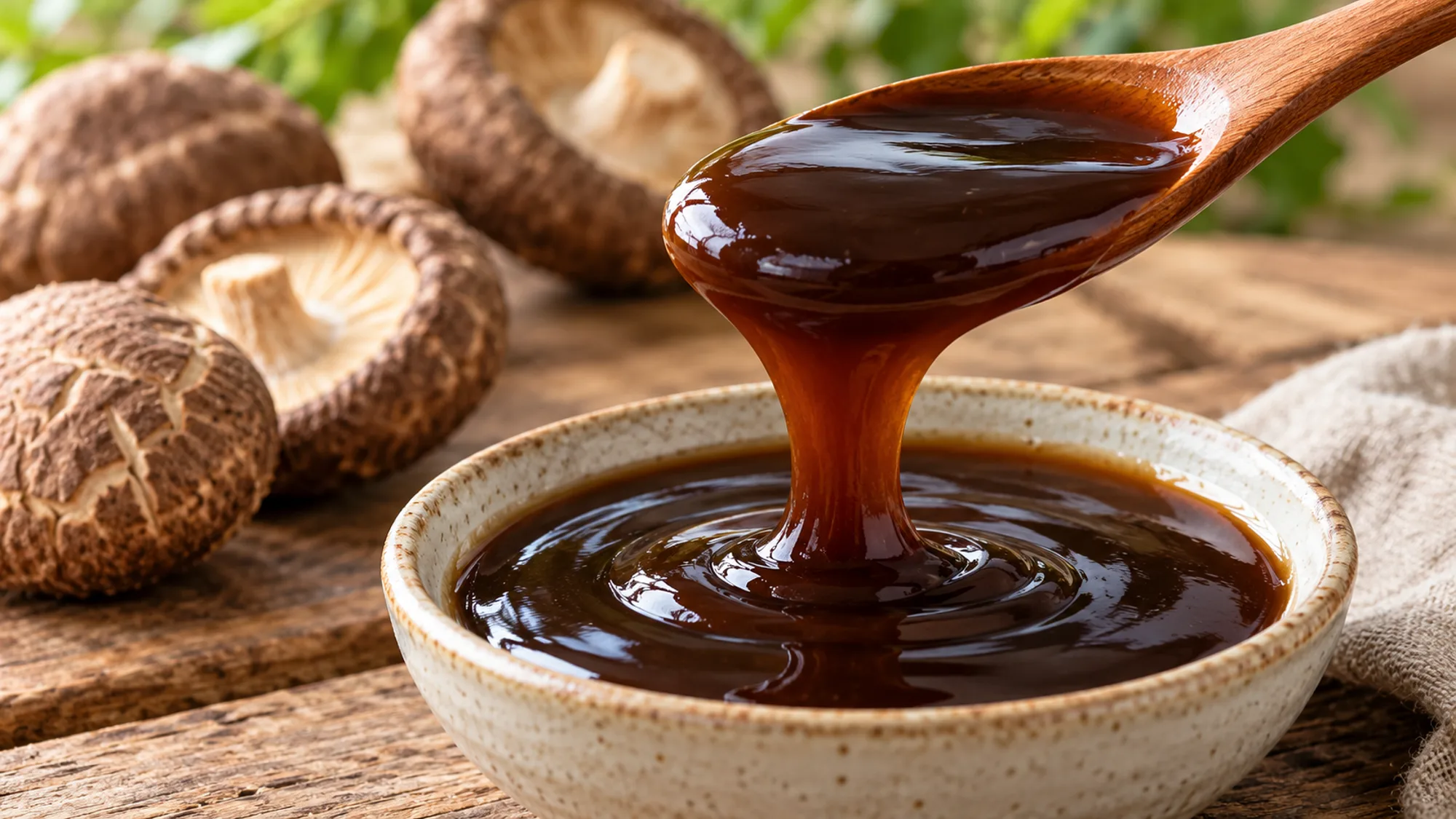 Glossy mushroom oyster sauce substitute flowing from a wooden spoon