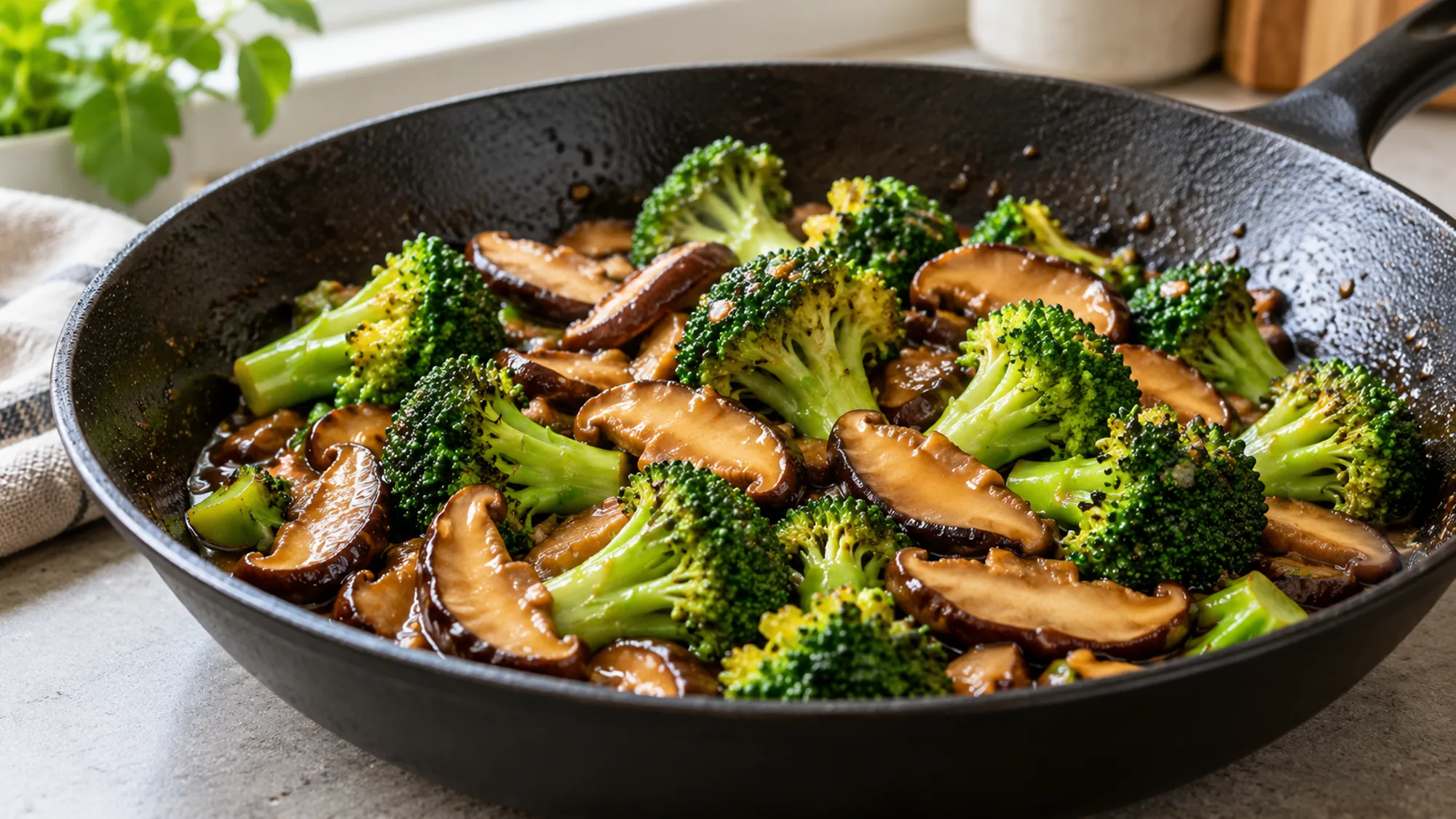 Broccoli and shiitake mushrooms coated with a dark stir-fry sauce