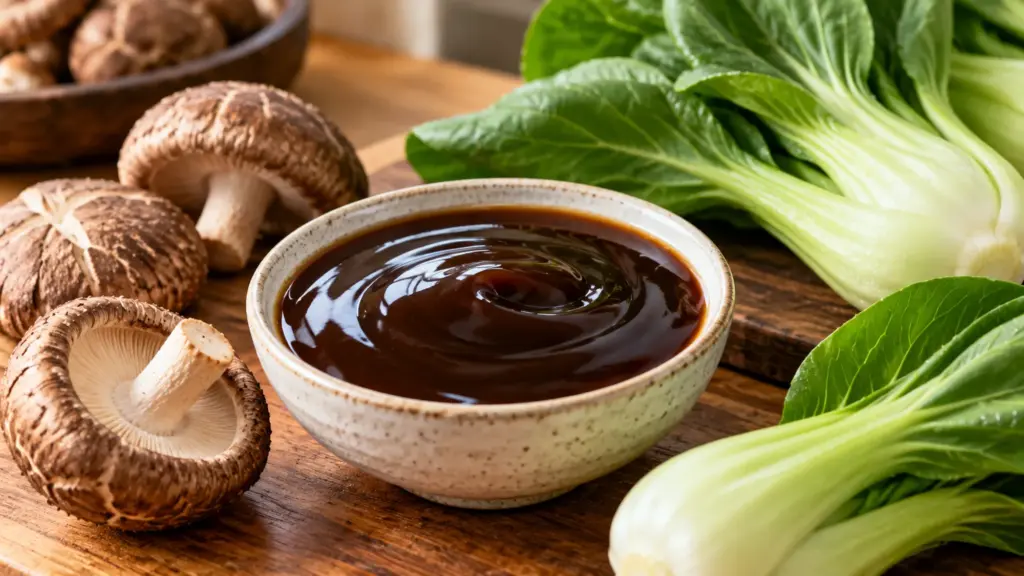 Smooth mushroom oyster sauce substitute beside shiitake mushrooms and bok choy