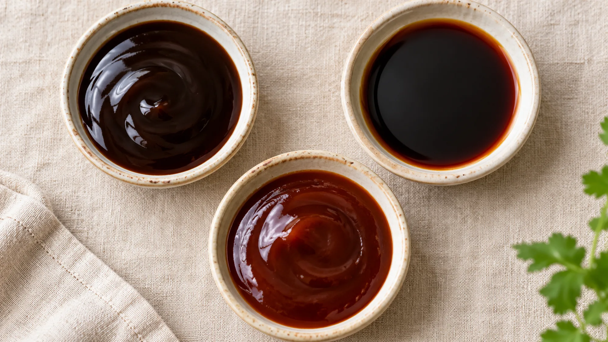 Oyster sauce substitute options showing thick mushroom sauce, thin soy sauce and hoisin