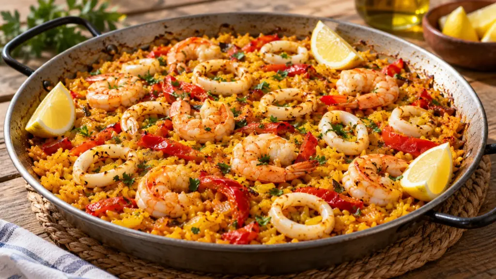 Seafood paella recipe with saffron rice, shrimp, squid and red pepper in a shallow pan