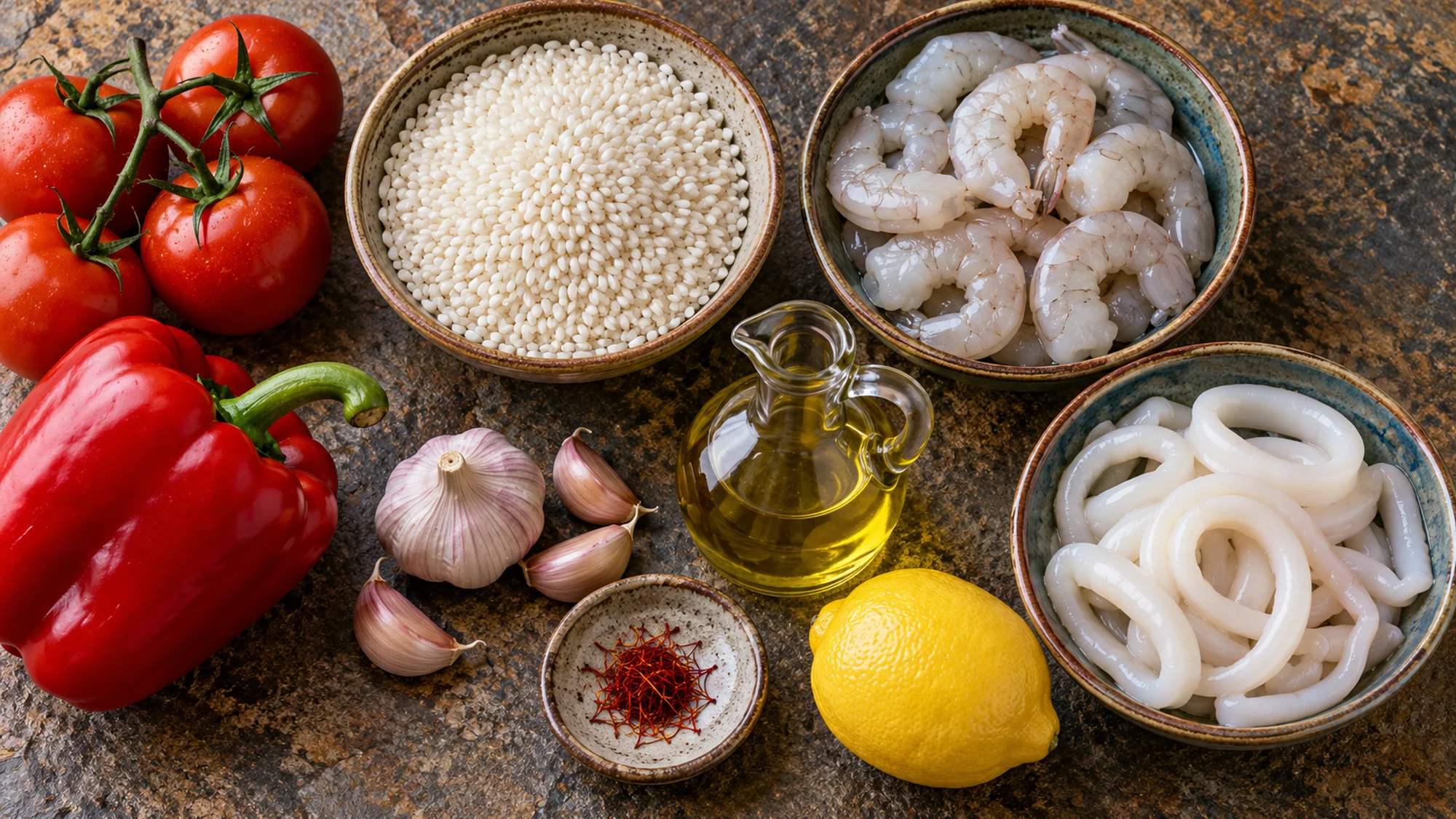 Rice, raw shrimp, squid, tomatoes, pepper and saffron for the paella recipe
