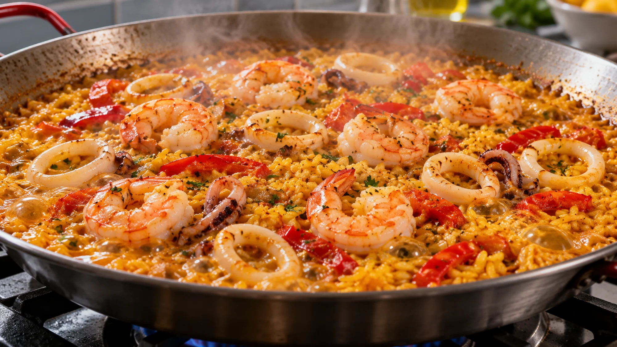 Seafood paella simmering with shrimp and squid in golden rice
