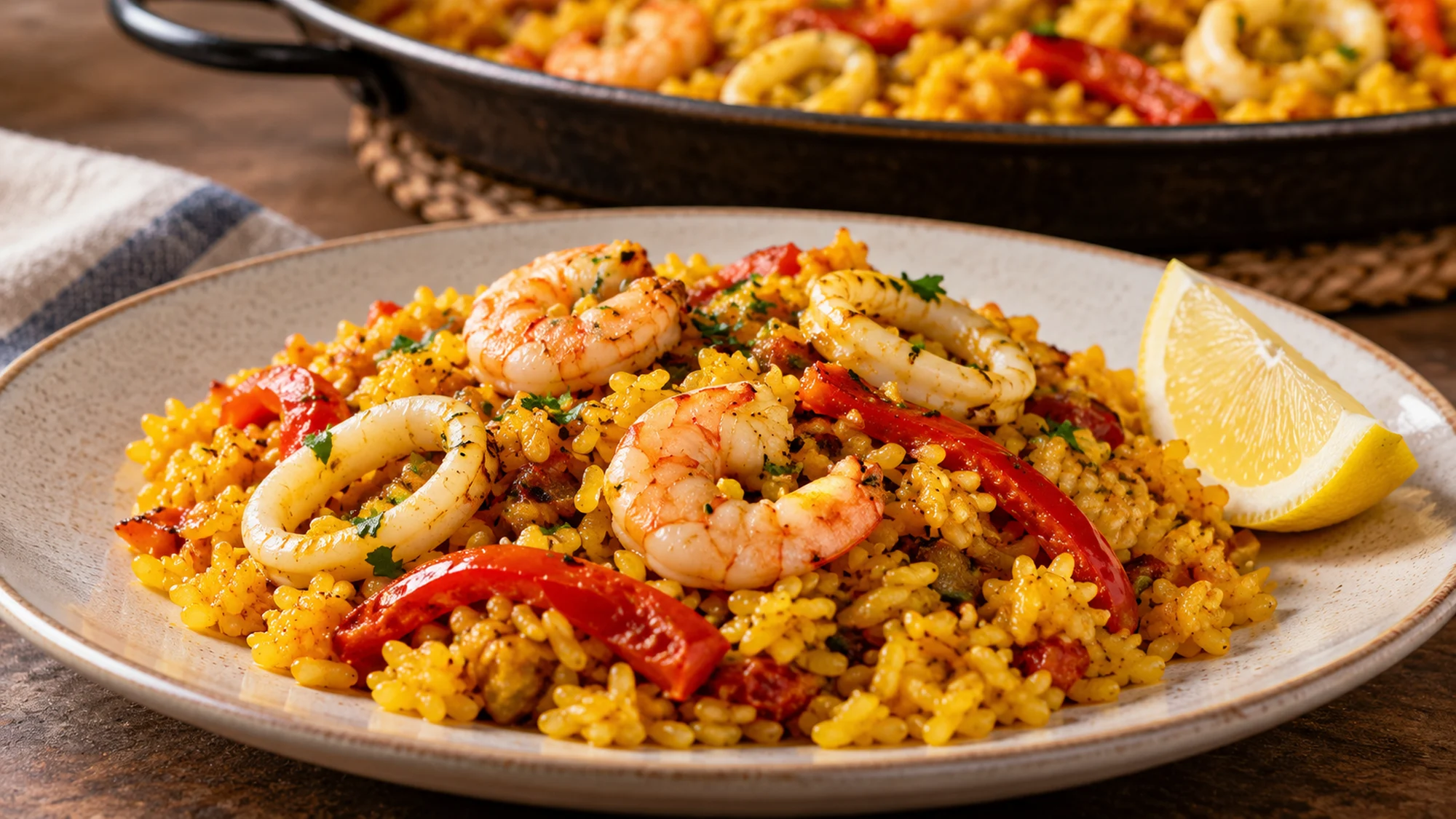 A plate of paella with saffron rice, shrimp, squid and a lemon wedge