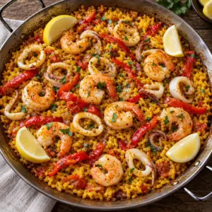 Overhead view of the seafood paella recipe with lemon wedges