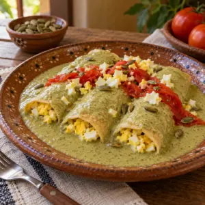 Egg-filled papadzules with pepita sauce and tomato topping