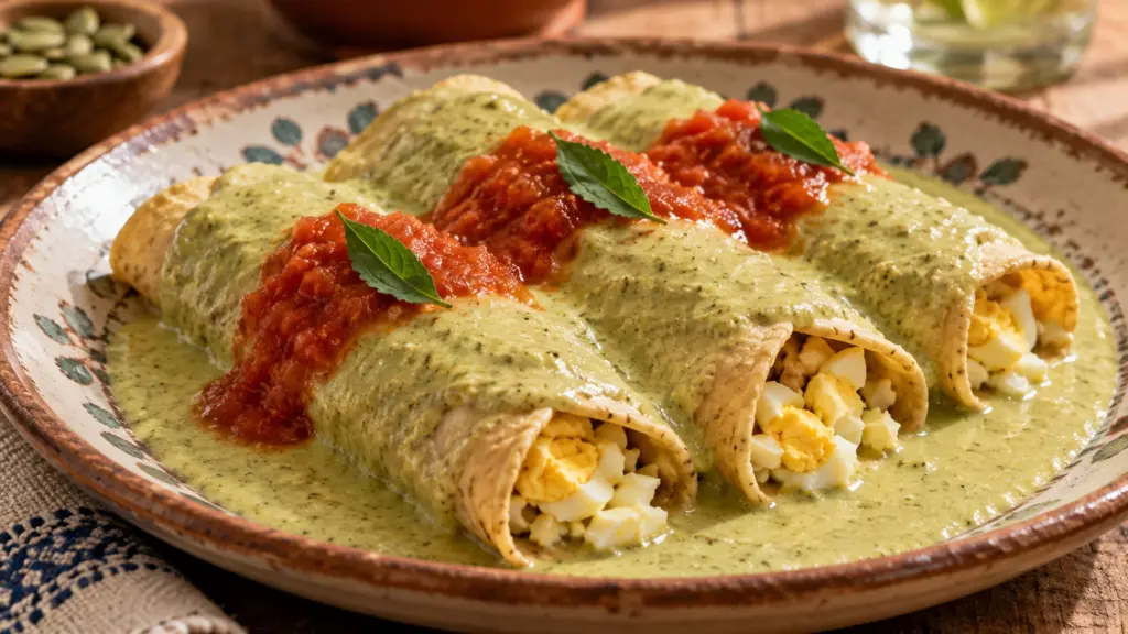 Papadzules covered with green pepita sauce and red tomato sauce