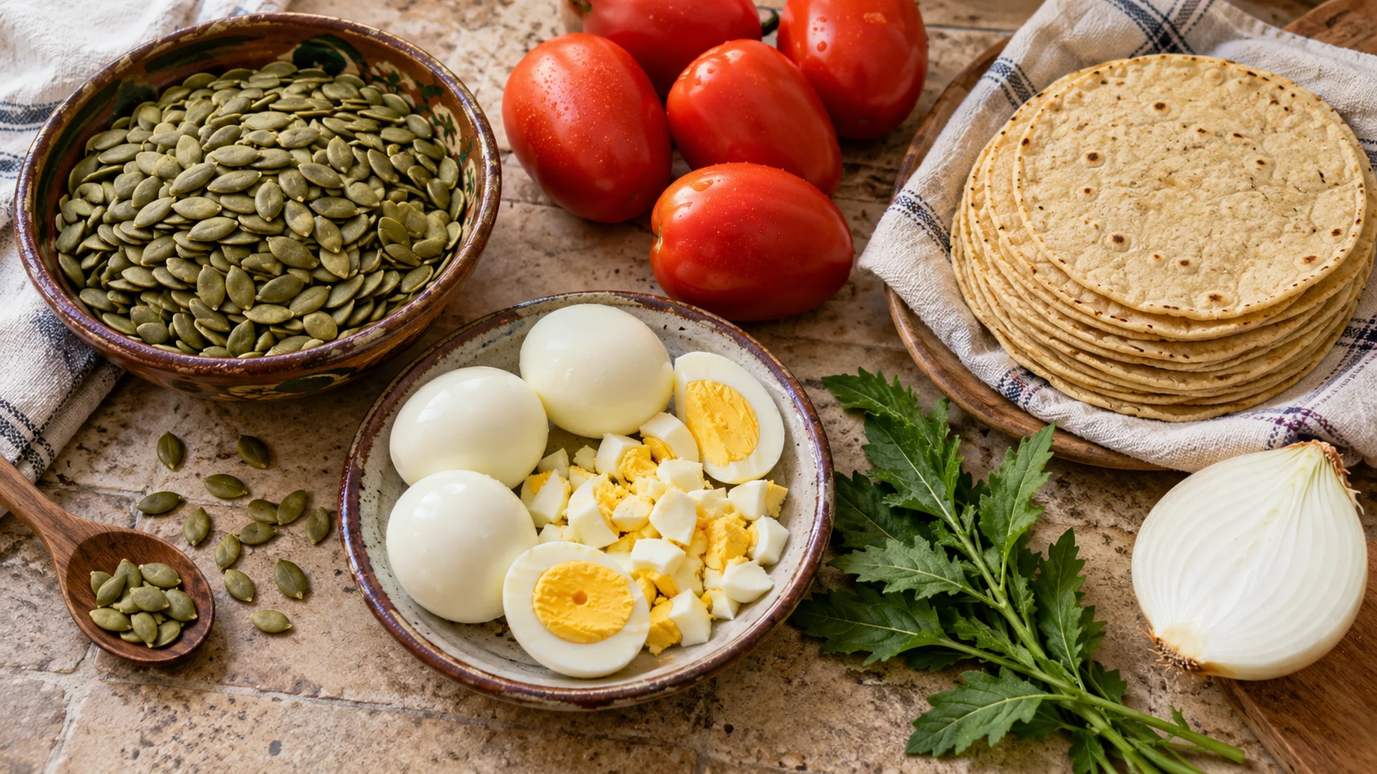 Eggs, corn tortillas, pepitas and tomatoes for papadzules
