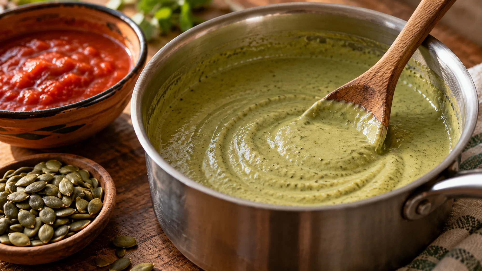 Smooth green pepita sauce being spooned over papadzules