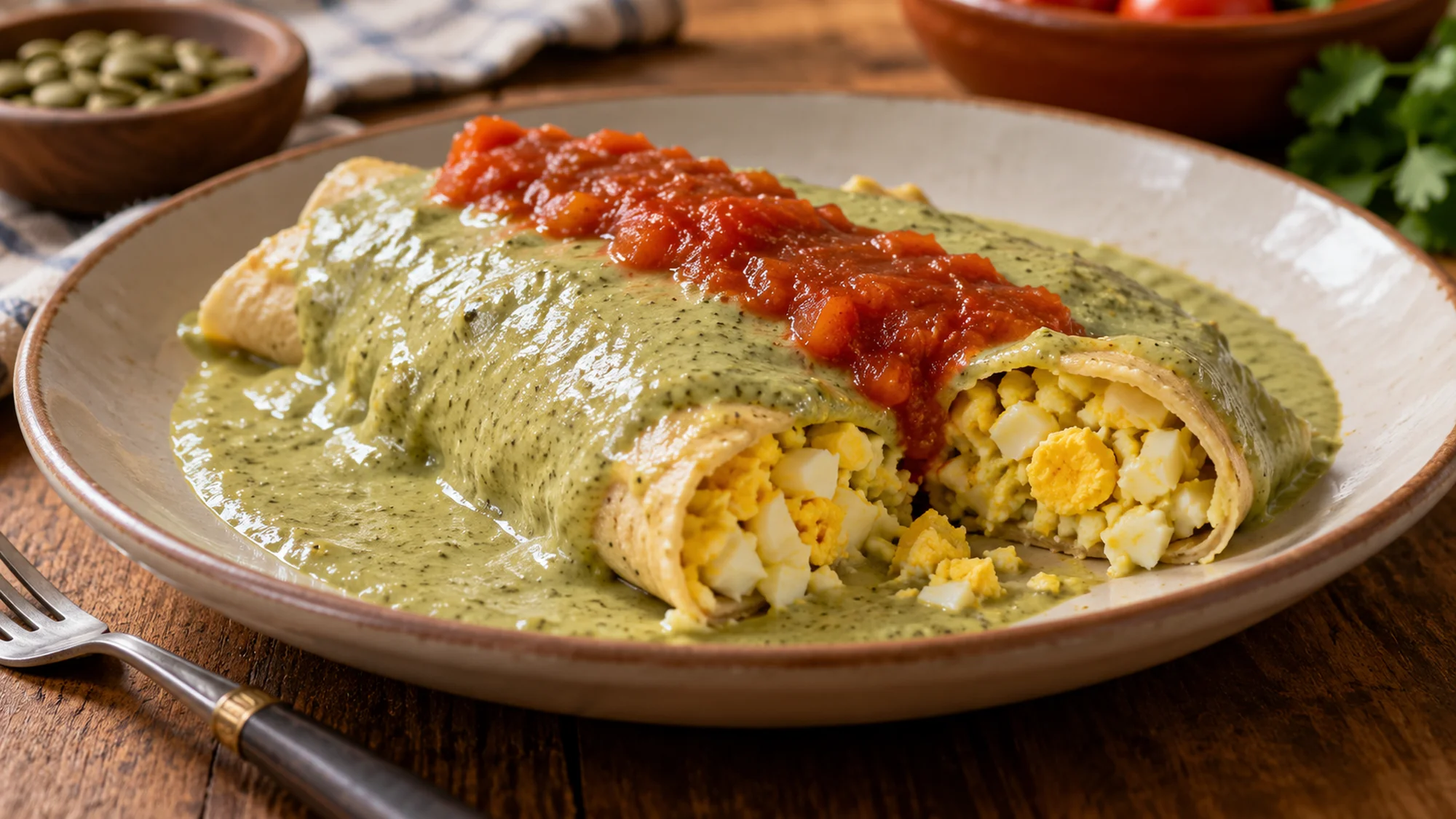 Papadzules served with chopped egg and toasted pepitas