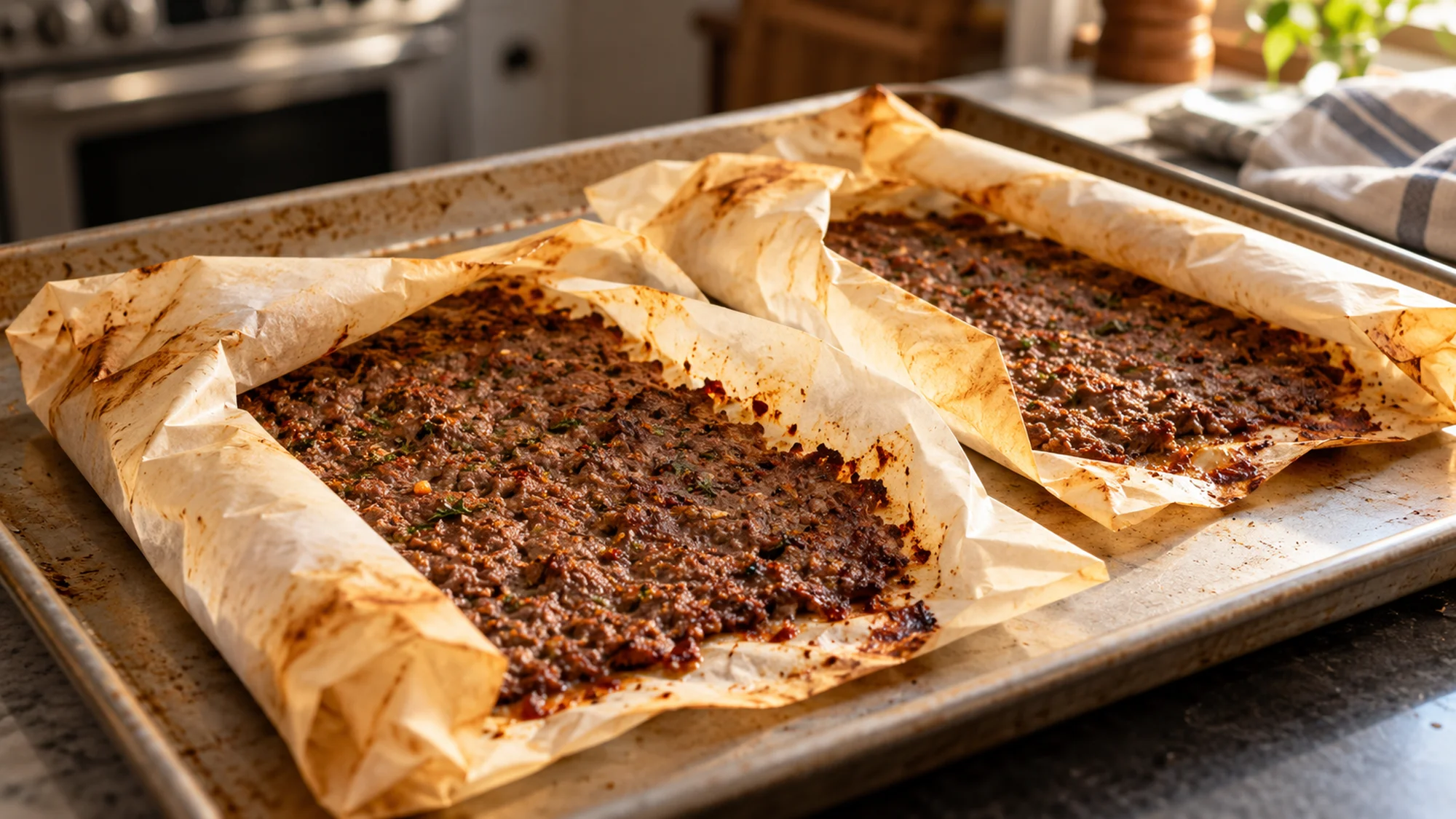 Baked parchment doner kebab unrolled before slicing