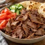 Browned parchment doner kebab ribbons with optional pita and yogurt sauce