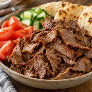 Browned parchment doner kebab ribbons with optional pita and yogurt sauce