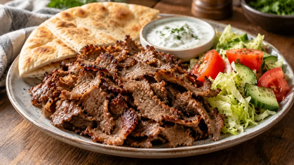 Parchment doner kebab ribbons served with pita and fresh vegetables