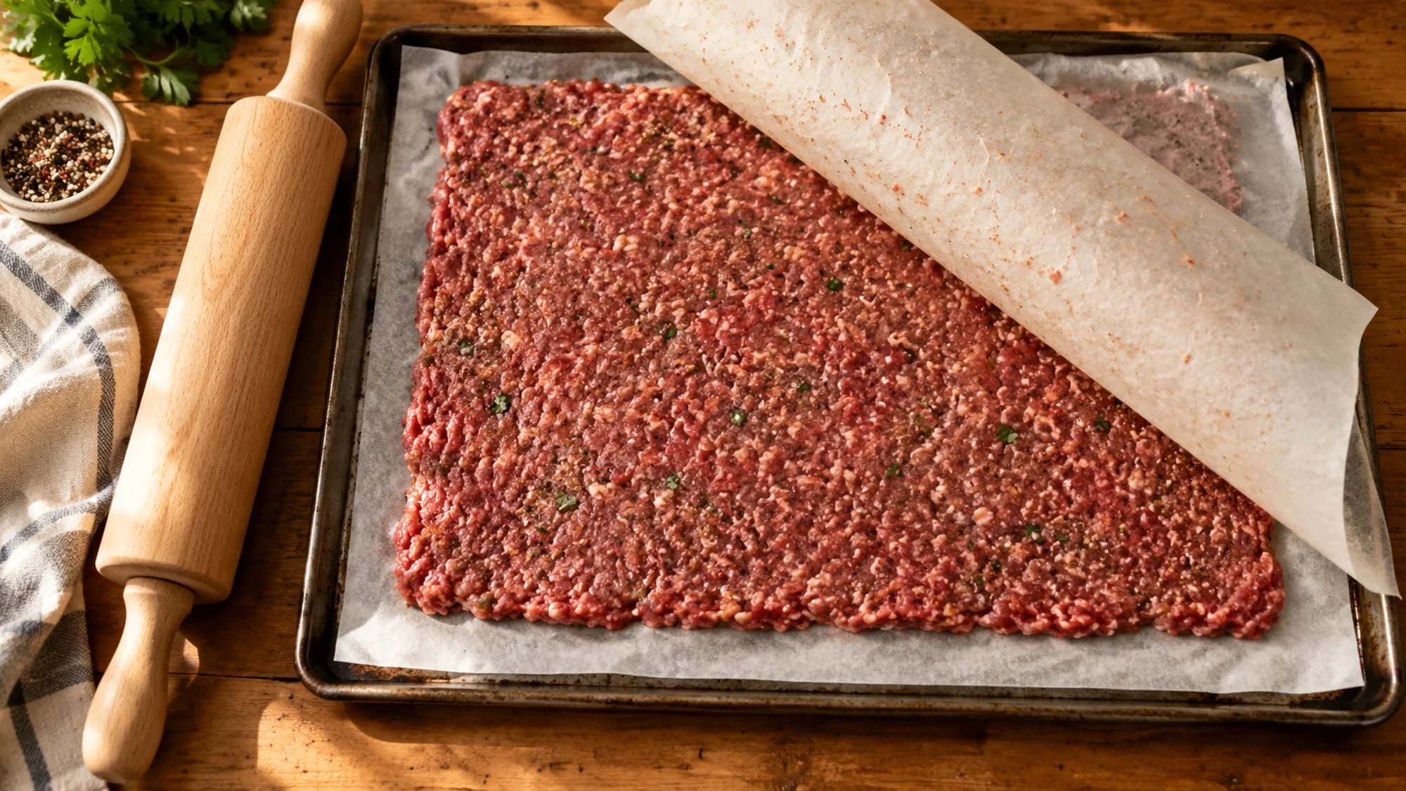 Thin seasoned beef layer on parchment for parchment doner kebab