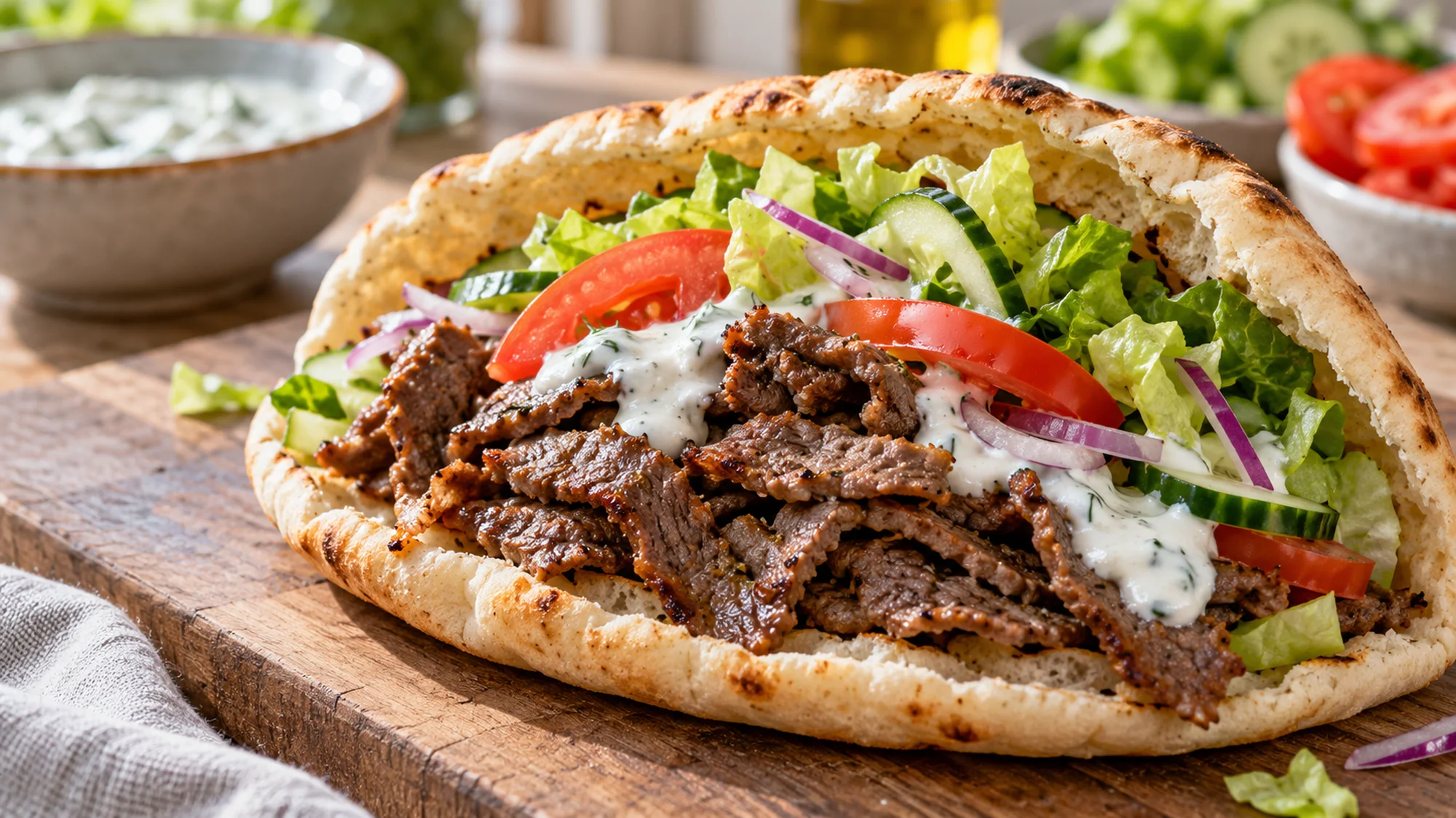Parchment doner kebab in pita with cucumber and tomato