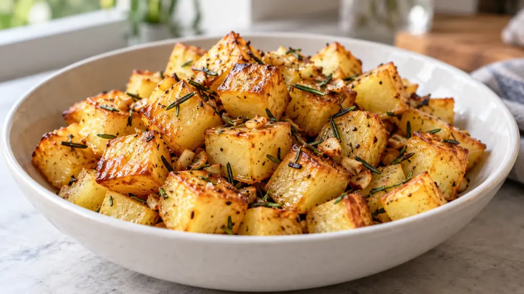Golden parmentier potatoes with rosemary in a white bowl