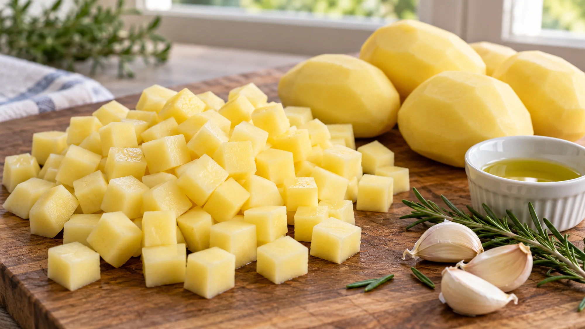 Cubed potatoes with garlic rosemary and olive oil