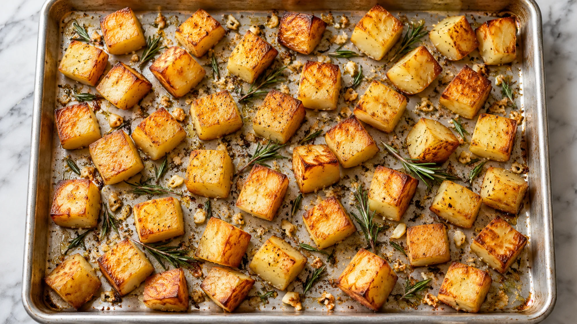 Parmentier potatoes spread across a roasting tray