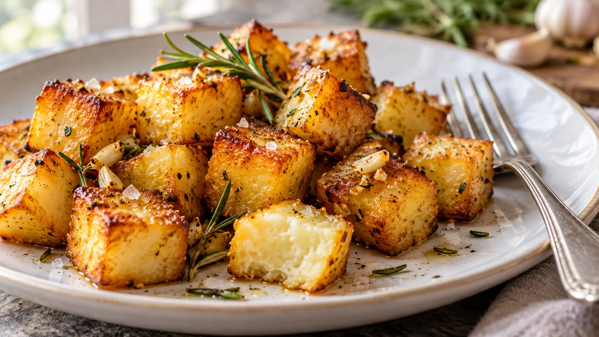 Crisp potato cubes showing their fluffy centers