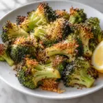 Parmesan roasted frozen broccoli in a white bowl