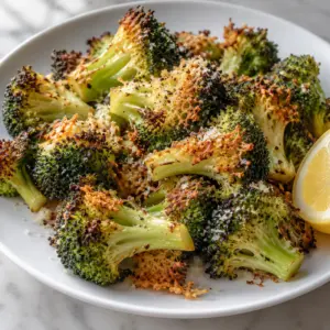 Parmesan roasted frozen broccoli in a white bowl