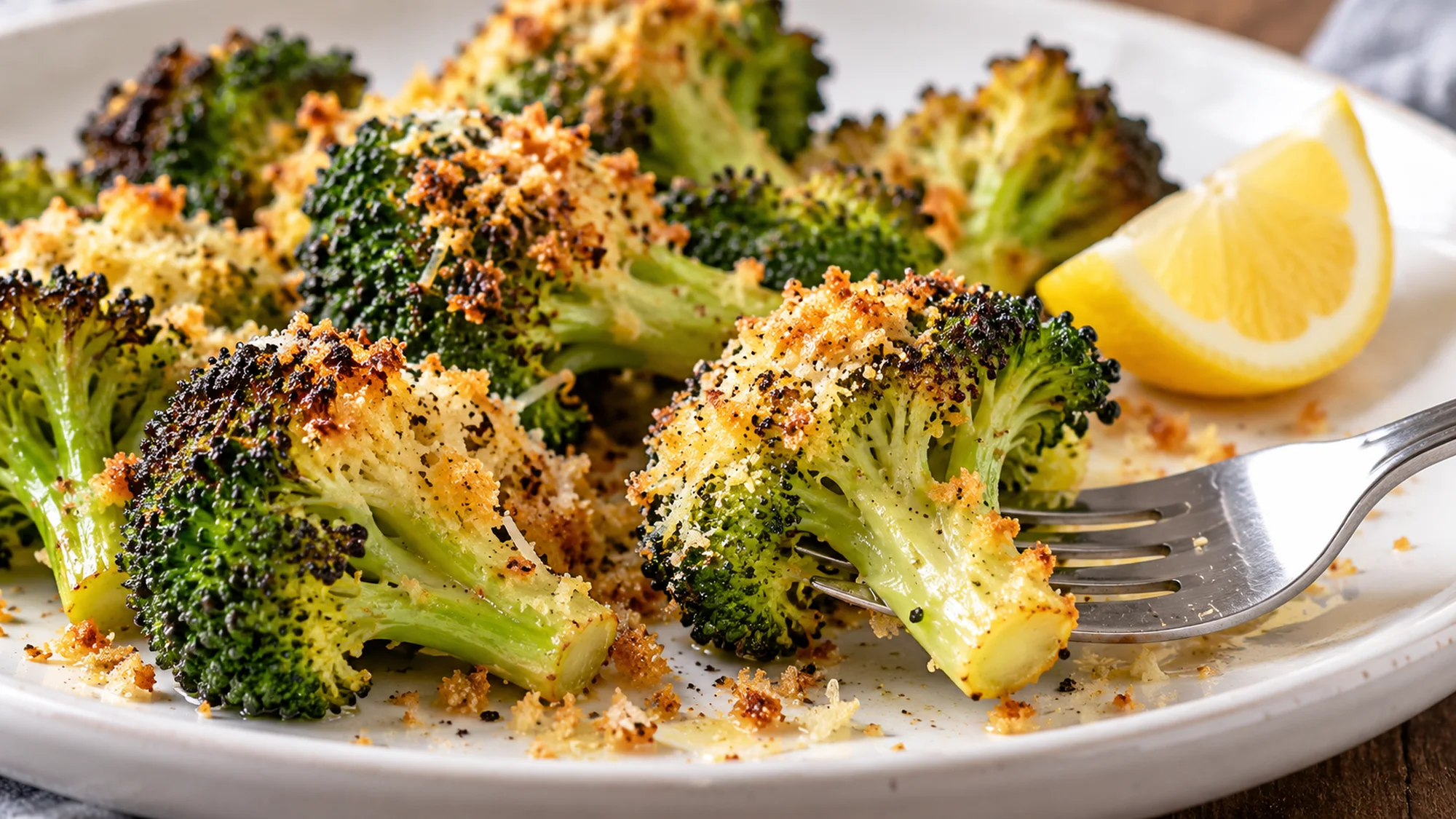 Parmesan broccoli florets served with lemon