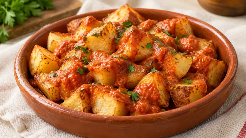 Patatas bravas recipe with roasted potato cubes and paprika sauce