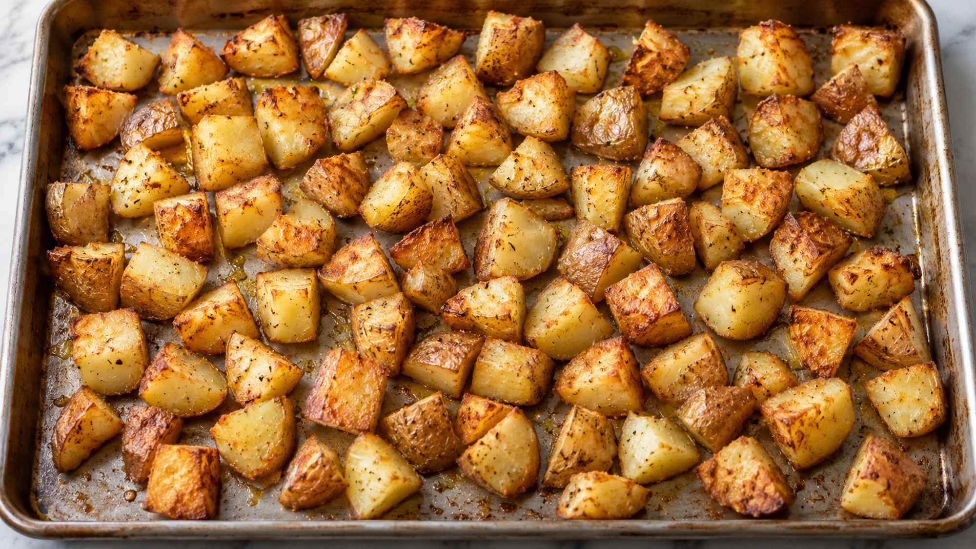 Golden potato cubes roasted in one layer on a sheet pan