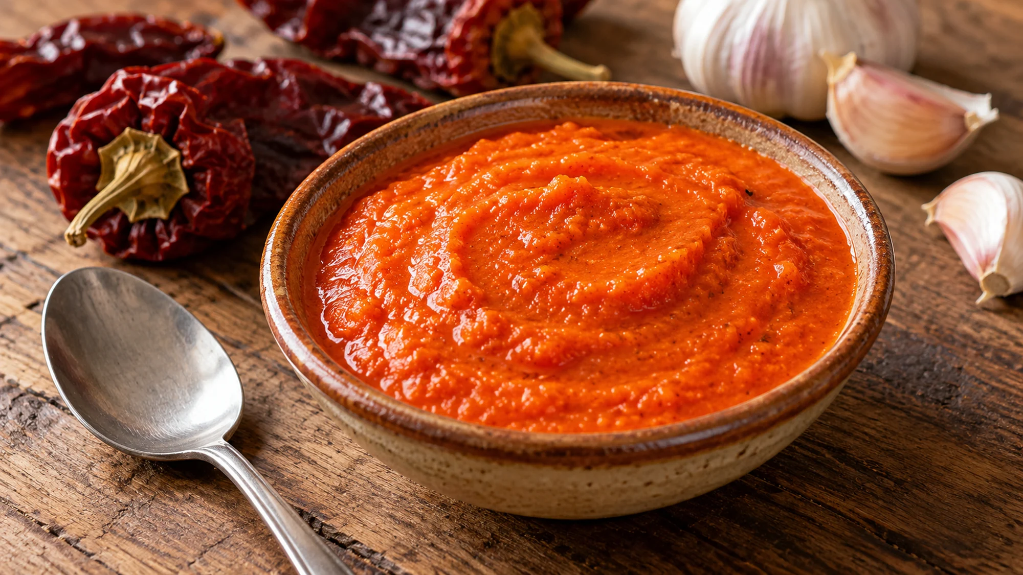 Warm red paprika sauce in a small ceramic bowl