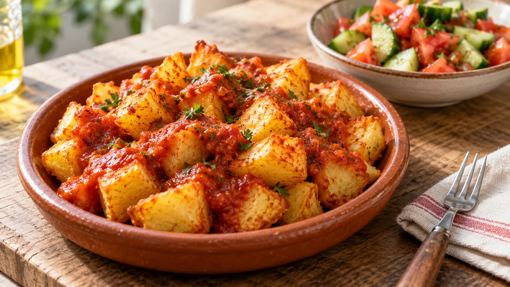 Patatas bravas with a fresh tomato and cucumber salad