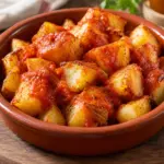 Close view of roasted patatas bravas with red paprika sauce