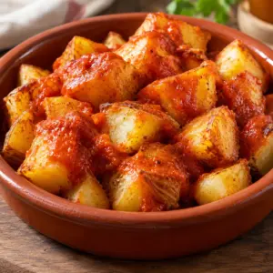 Close view of roasted patatas bravas with red paprika sauce