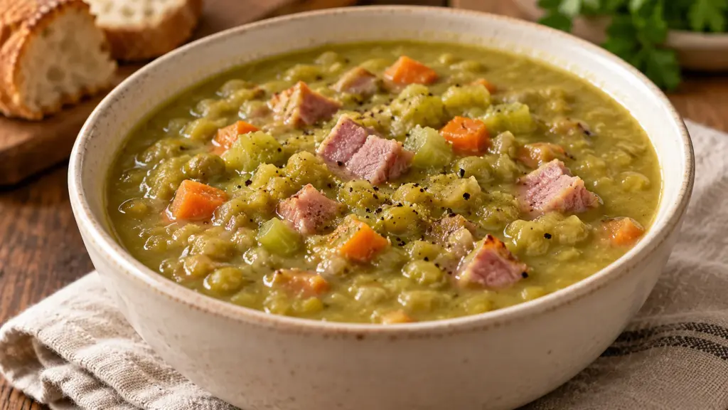 Pea and ham soup recipe with carrots in a ceramic bowl
