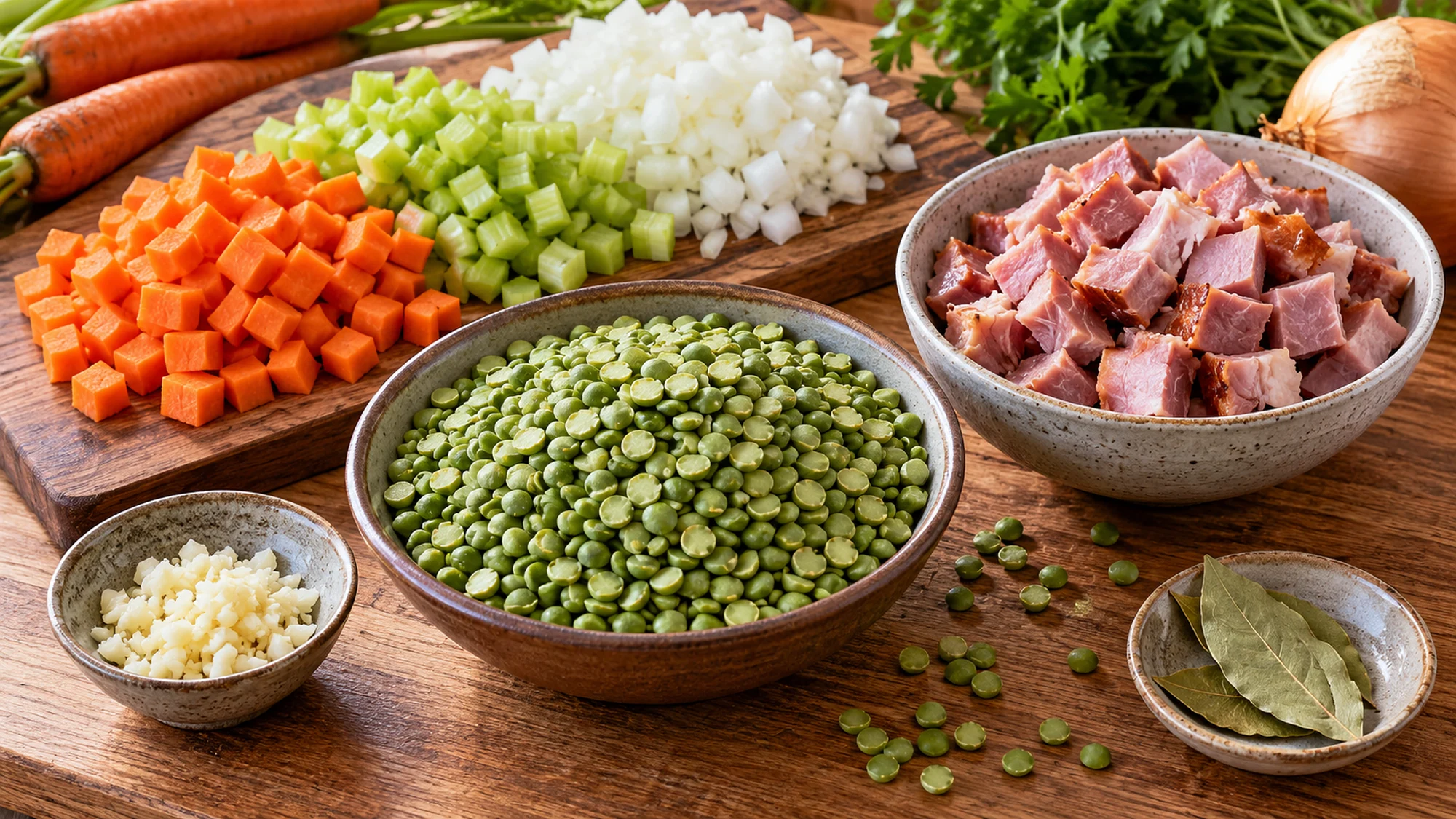 Dry green split peas, diced ham, carrots, celery and onion ready for soup