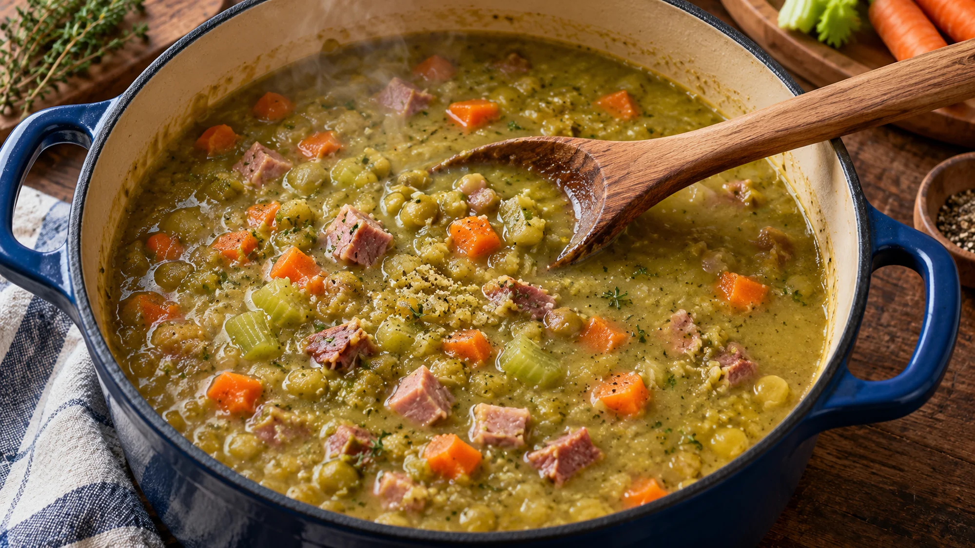 Thick green split pea and ham soup simmering in a blue Dutch oven