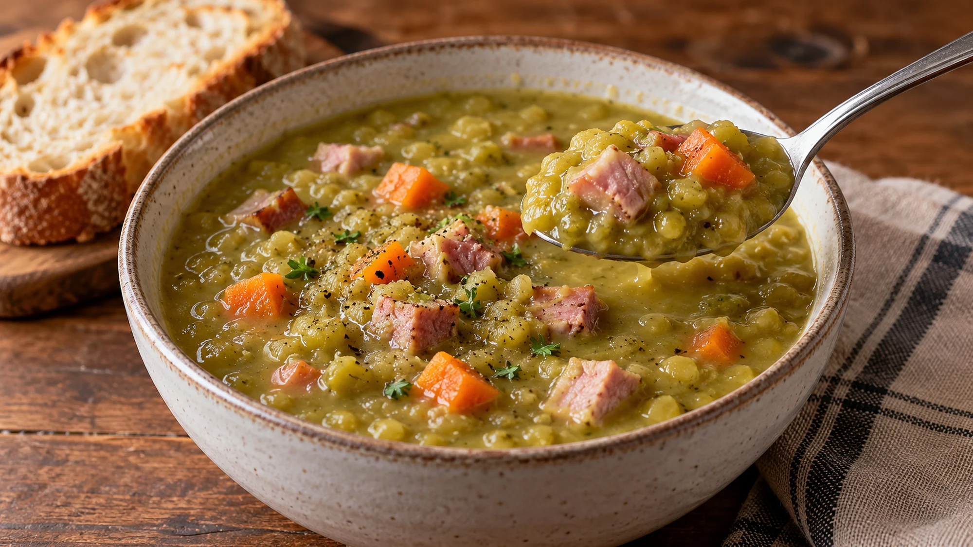A spoonful of pea and ham soup with bread beside the bowl