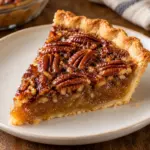 Close view of a pecan pie wedge with glossy nut topping