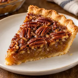 Close view of a pecan pie wedge with glossy nut topping