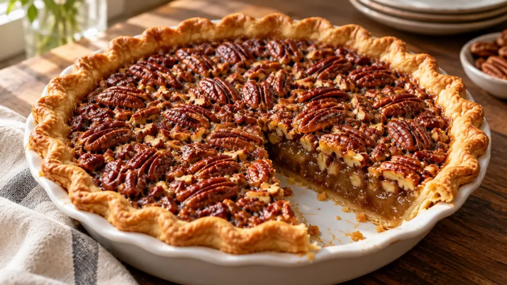 Whole pecan pie with toasted nuts and a golden crimped crust