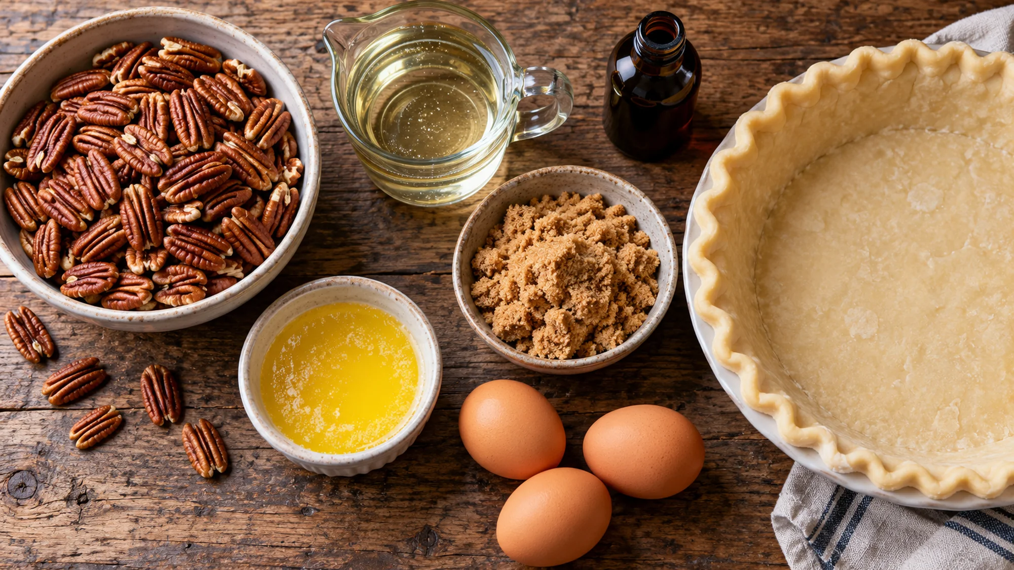 Pecans, eggs, brown sugar, syrup, butter and an unbaked pie shell