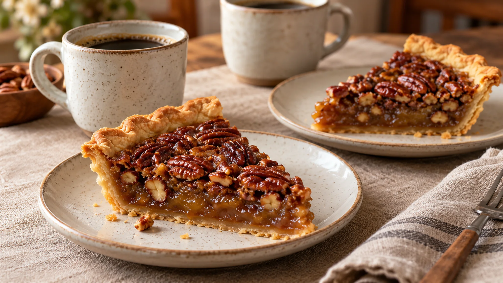 Two pecan pie slices served on plates beside coffee